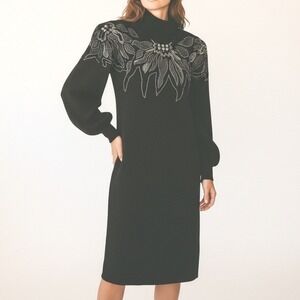 VTG Nilani Sweater Dress Sz S Black Beaded Floral Silk Blend Mock Neck Vintage